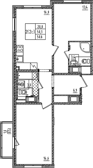 Планировка: Евротрёшка 58,1 м² в ЖК «Дыбенко парк»