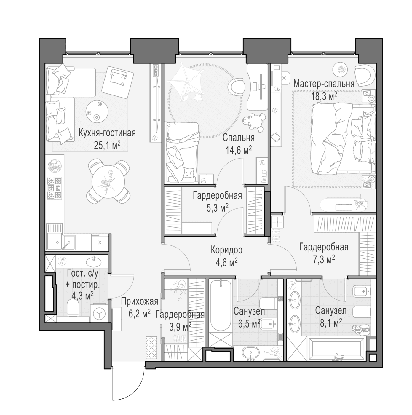 Планировка: Евротрёшка 104,6 м² в ЖК «Квартал Life Time»