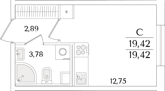 Планировка: Студия 19,4 м² в ЖК «Кинопарк»