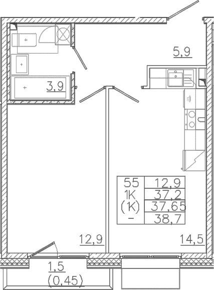 Планировка: 1-комнатная квартира 37,2 м² в ЖК «Лисино»