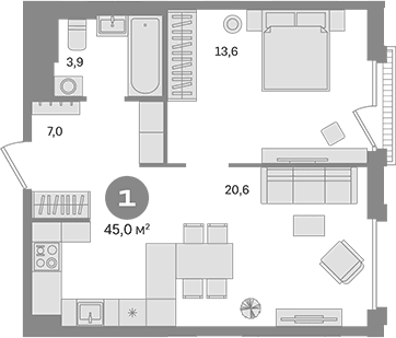 Планировка: 1-комнатная квартира 45 м² в ЖК «Квартал Герцена»