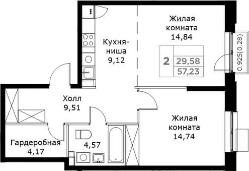 Планировка: Евродвушка 56,9 м² в ЖК «КИТ»