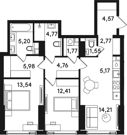 Планировка: Евротрёшка 76,7 м² в ЖК «СОЛОС»