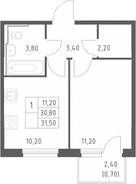 Планировка: 1-комнатная квартира 30,8 м² в ЖК «Химки Парк»
