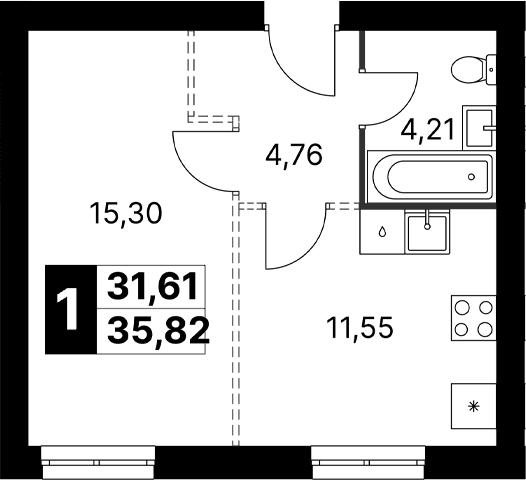 Планировка: 1-комнатная квартира 35,8 м² в ЖК «Апрелевка Клаб»