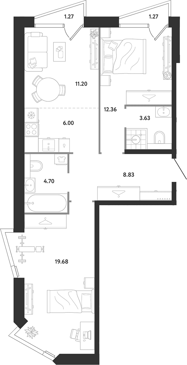 Планировка: 2-комнатная квартира 66,4 м² в ЖК «Ридж»