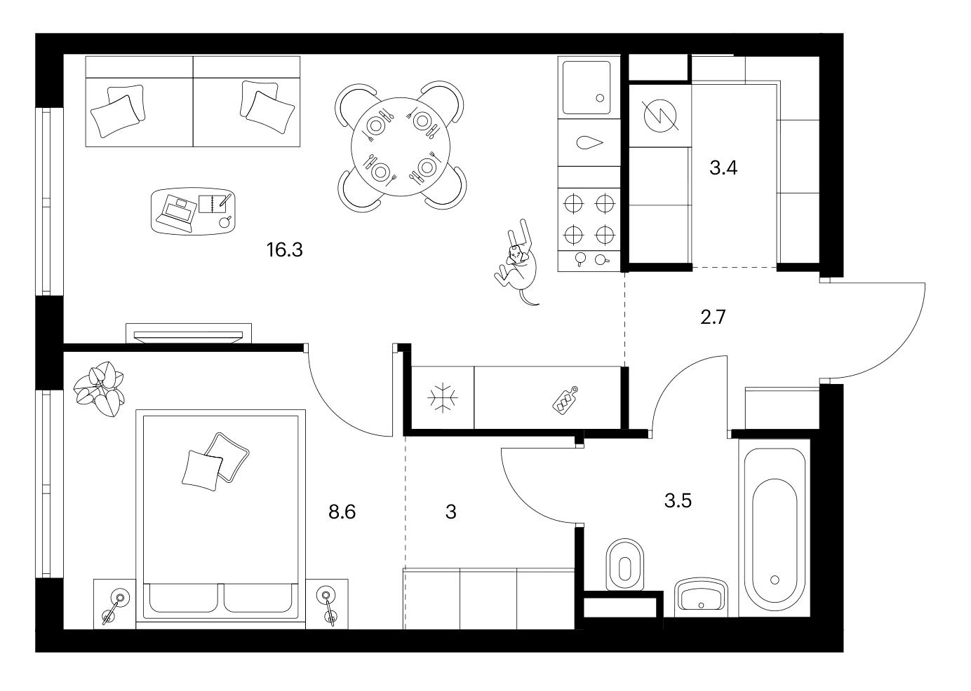 Планировка: 1-комнатная квартира 37,5 м² в ЖК «Ярославский»