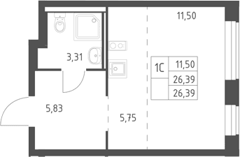 Планировка: Студия 26,4 м² в ЖК «Горки Парк»