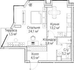 Планировка: 1-комнатная квартира 50,1 м² в ЖК «СЕЗАР БУДУЩЕЕ»