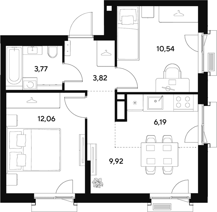 Планировка: Евротрёшка 46,3 м² в ЖК «ЭВО»