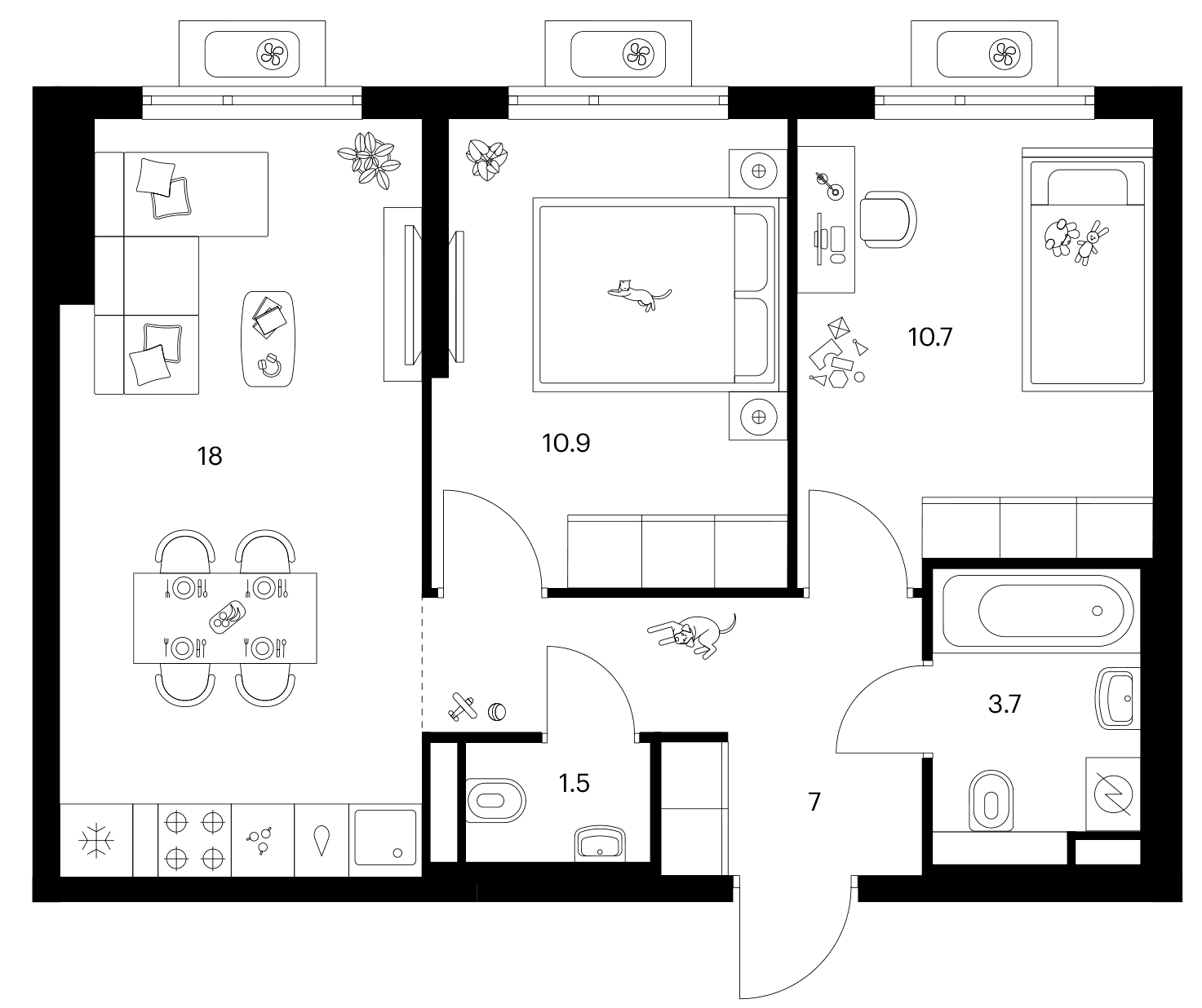 Планировка: 2-комнатная квартира 51,8 м² в ЖК «Белая Дача парк»