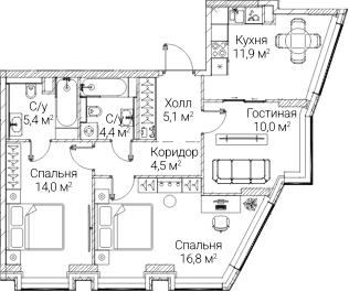 Планировка: 3-комнатная квартира 72,1 м² в ЖК «СЕЗАР БУДУЩЕЕ»