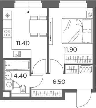 Планировка: 1-комнатная квартира 35,5 м² в ЖК «Белый Град»