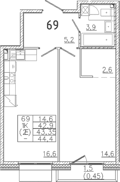 Планировка: Евродвушка 42,9 м² в ЖК «Лисино»