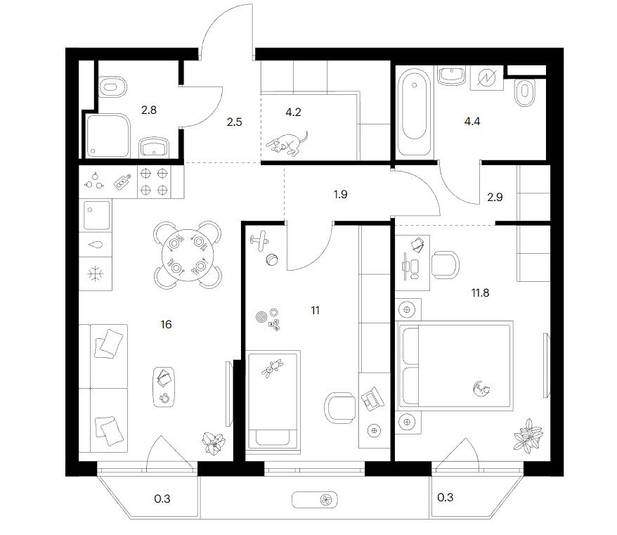 Планировка: 2-комнатная квартира 57,5 м² в ЖК «Зеленый парк»