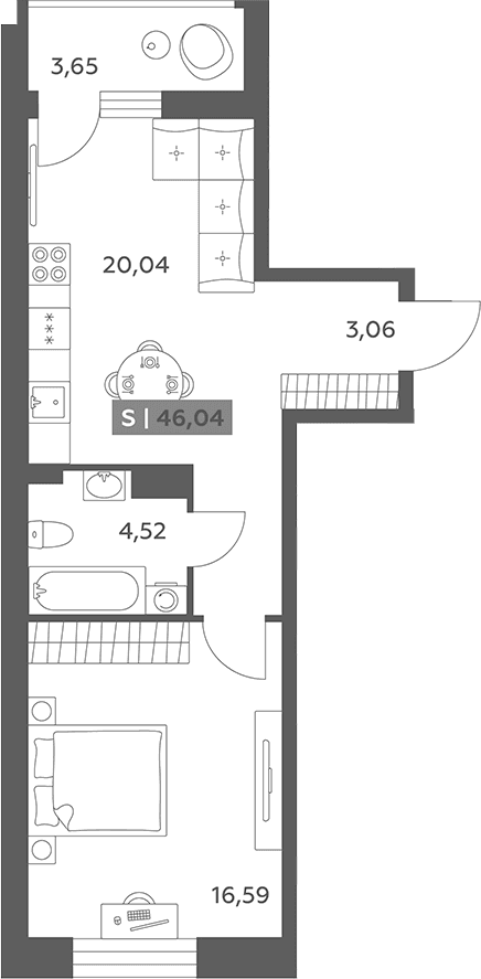 Планировка: Евродвушка 44,2 м² в ЖК «Аквилон РекаПарк»