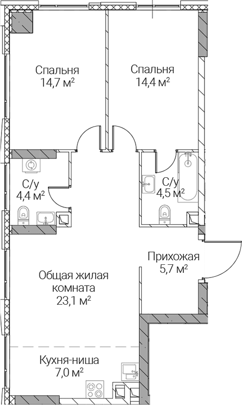 Планировка: Евротрёшка 73,8 м² в ЖК «СЕЗАР СИЛИКА»