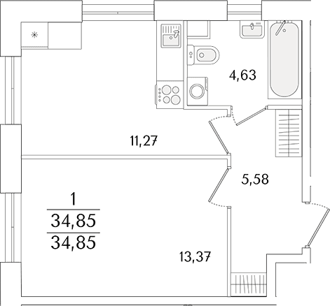 Планировка: 1-комнатная квартира 34,9 м² в ЖК «Кинопарк»