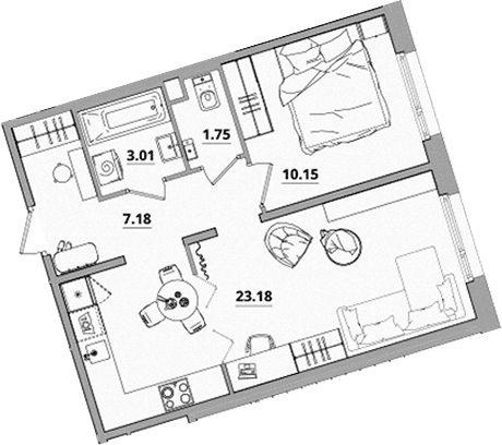 Планировка: Евродвушка 45,3 м² в ЖК «Тишин»