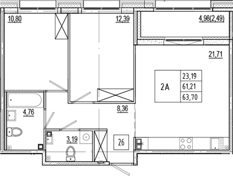 Планировка: Евротрёшка 61,2 м² в ЖК «Ranta Residence»