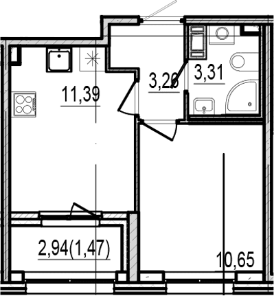 Планировка: Евродвушка 28,6 м² в ЖК «Оптимист»