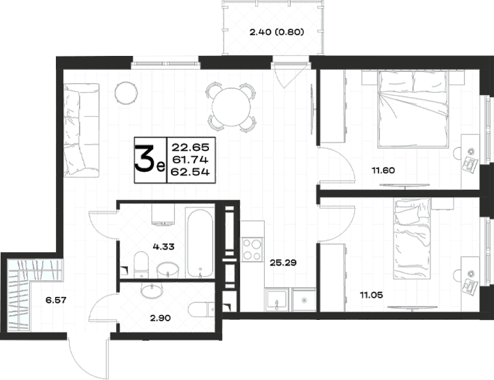 Планировка: Евротрёшка 61,7 м² в ЖК «Имена»