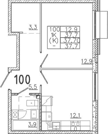 Планировка: 1-комнатная квартира 37,7 м² в ЖК «Лисино»