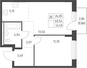 Планировка: Евродвушка 40,5 м² в ЖК «Горки Парк»