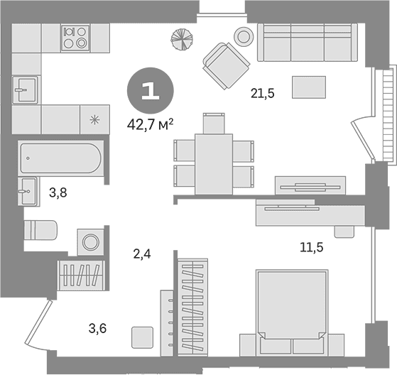 Планировка: 1-комнатная квартира 42,7 м² в ЖК «Квартал Герцена»