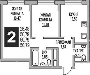 Планировка: 2-комнатная квартира 50,8 м² в ЖК «Гранель Живописный»