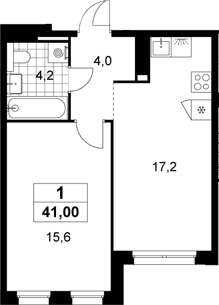 Планировка: Евродвушка 41 м² в ЖК «Деснаречье»