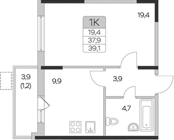 Планировка: 1-комнатная квартира 37,9 м² в ЖК «Пироговская ривьера»