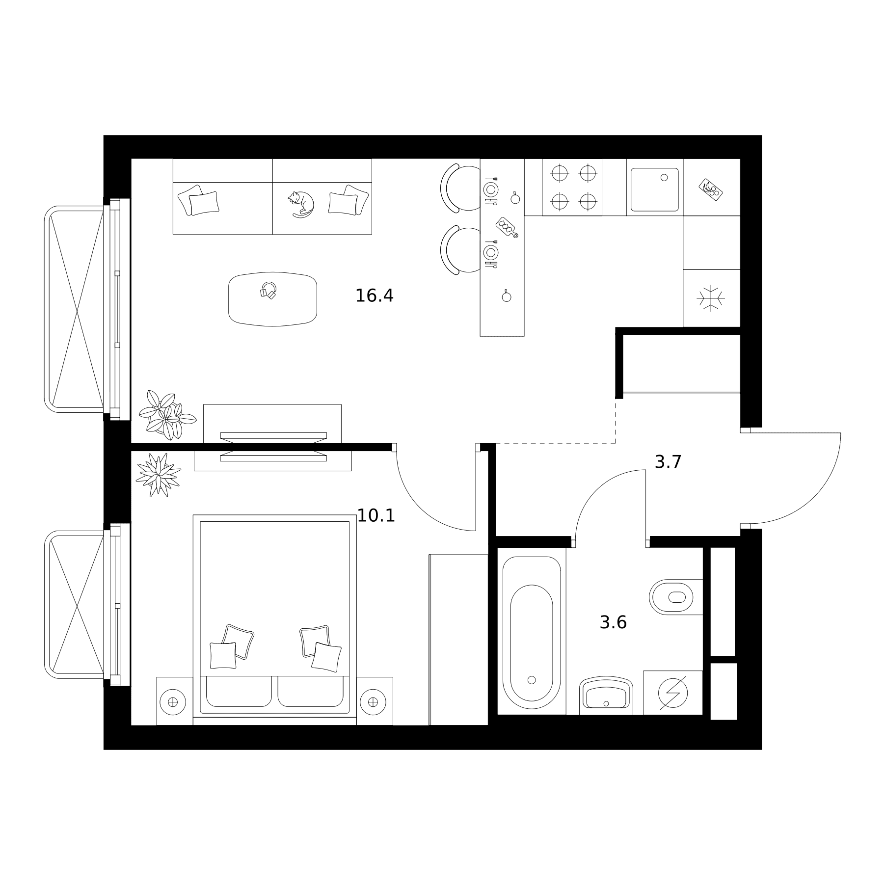 Планировка: 1-комнатная квартира 33,8 м² в ЖК «2-й Иртышский»