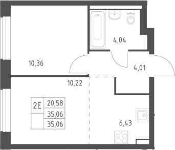Планировка: Евродвушка 35,1 м² в ЖК «Горки Парк»