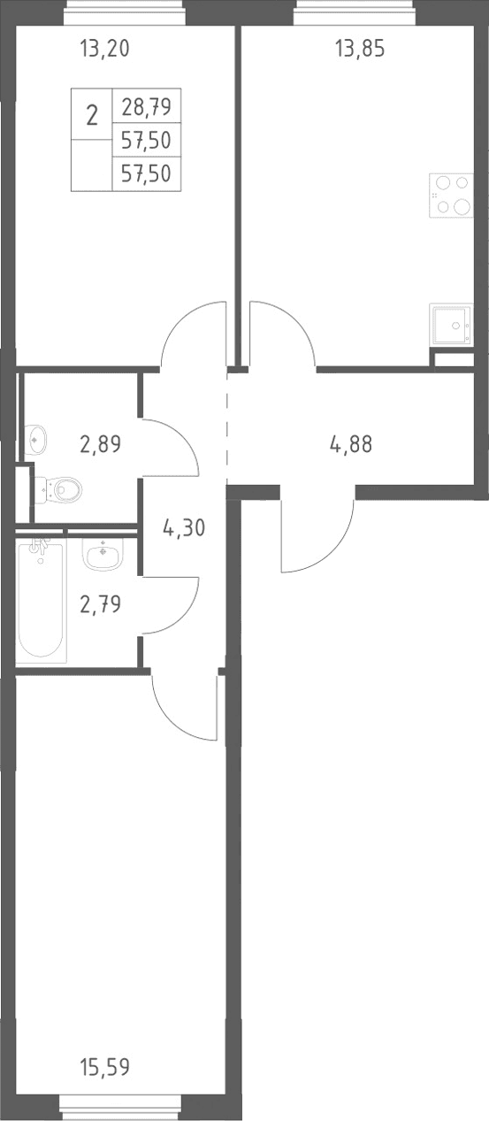 Планировка: 2-комнатная квартира 57,5 м² в ЖК «Мытищи Парк»