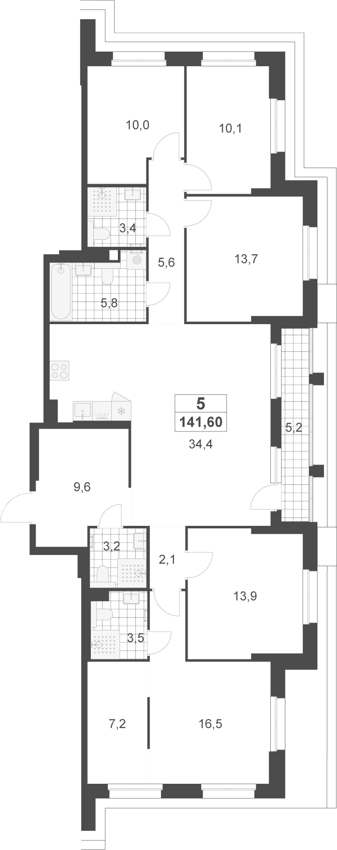 Планировка: 5-комнатная квартира 139 м² в ЖК «Деснаречье»