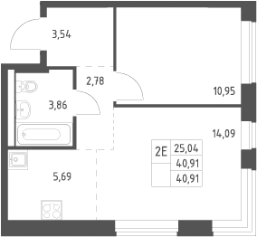 Планировка: Евродвушка 40,9 м² в ЖК «Новое Видное»
