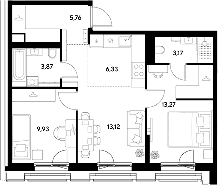 Планировка: Евротрёшка 55,5 м² в ЖК «ЭВО»