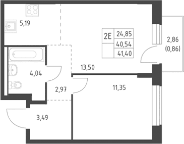 Планировка: Евродвушка 40,5 м² в ЖК «Горки Парк»
