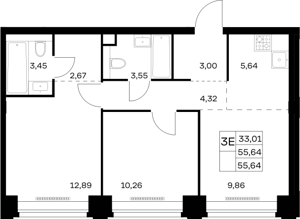 Планировка: Евротрёшка 55,6 м² в ЖК «НОВА»