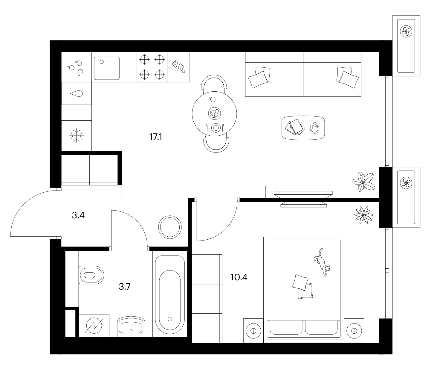 Планировка: 1-комнатная квартира 34,6 м² в ЖК «Ярославский»