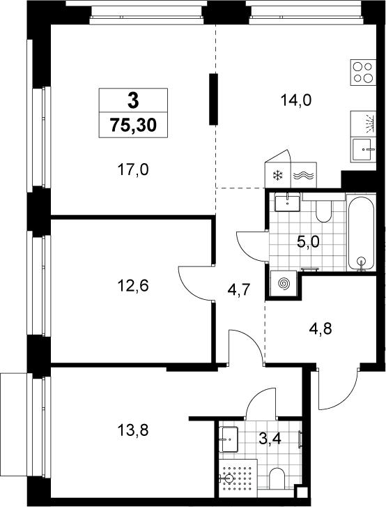 Планировка: Евротрёшка 75,3 м² в ЖК «Хольм»
