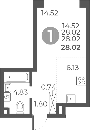 Планировка: Студия 28 м² в ЖК «Мневники от Гранель»