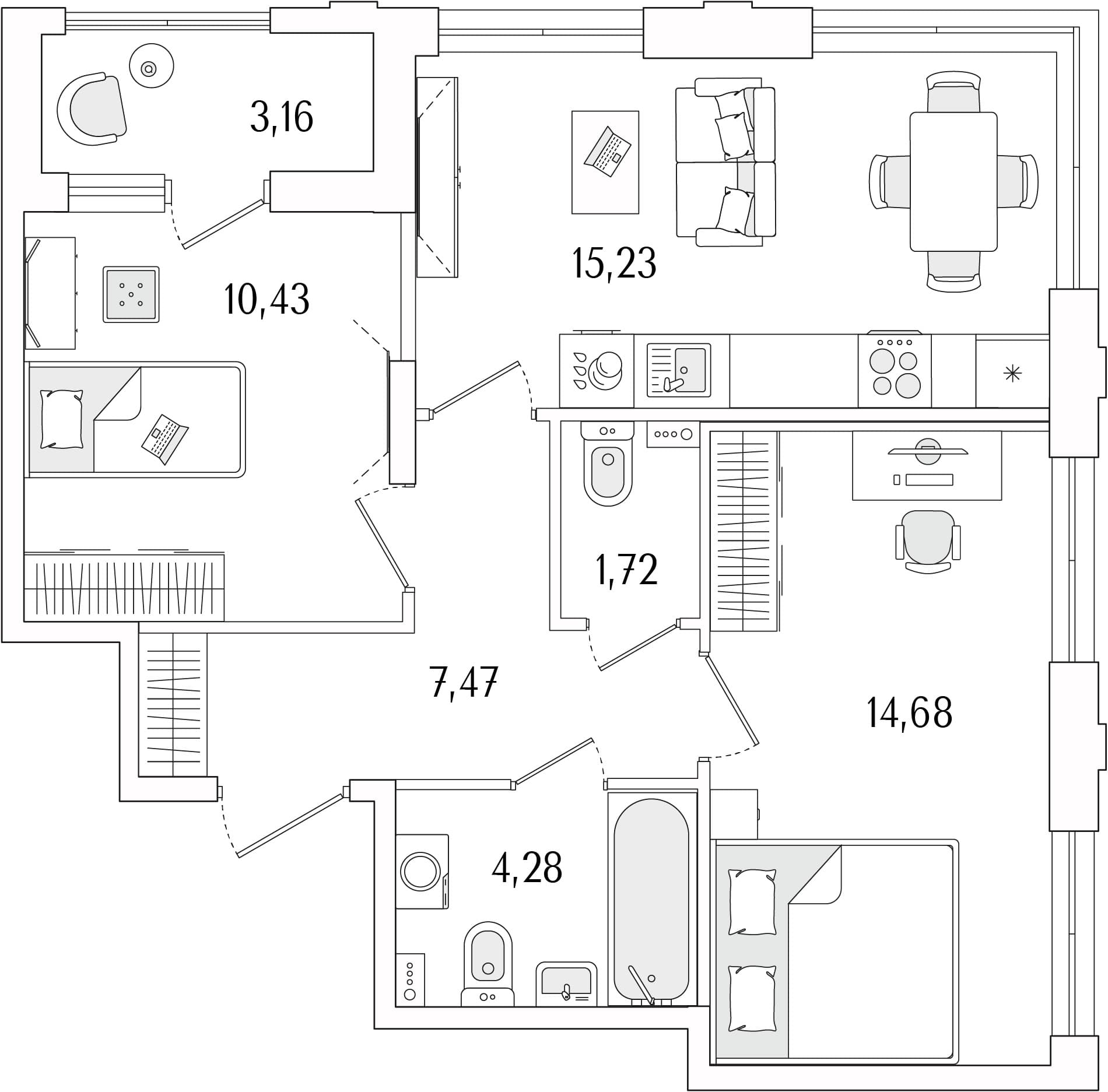 Планировка: Евротрёшка 53,8 м² в ЖК «Гранат»