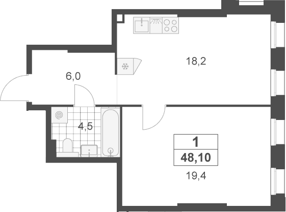 Планировка: Евродвушка 48,1 м² в ЖК «Деснаречье»
