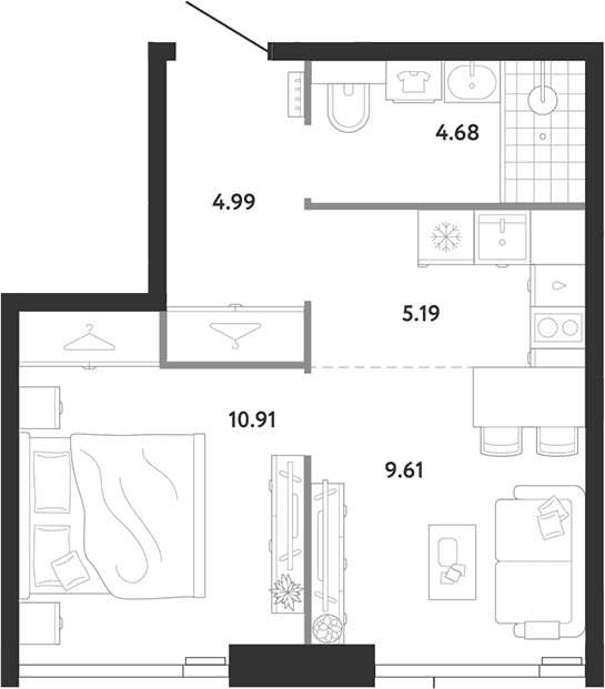 Планировка: 1-комнатная квартира 35,4 м² в ЖК «Ридж»