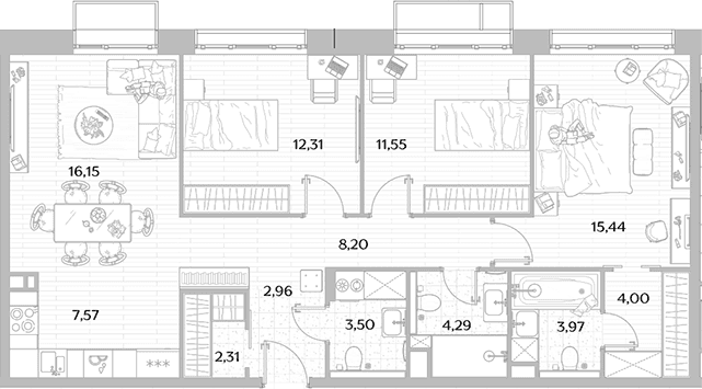 Планировка: Квартира евро-4 92,3 м² в ЖК «МЫС»