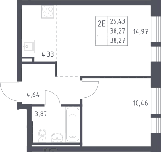 Планировка: Евродвушка 38,3 м² в ЖК «Квартал Авиаторов»
