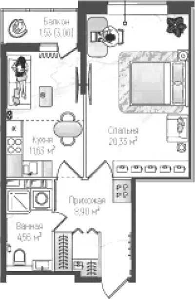 Планировка: 1-комнатная квартира 42,8 м² в ЖК «Рига Хиллс»