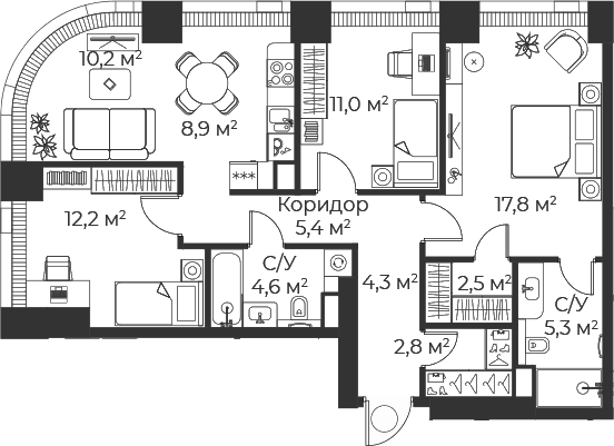 Планировка: Квартира евро-4 85 м² в ЖК «Веер»